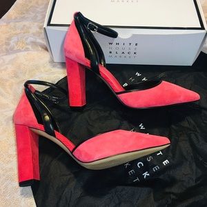 White House Black Market chunky hot pink and black heels with ankle strap. Sz.8